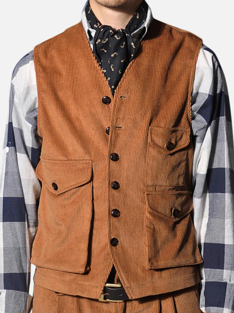 Mens Retro Corduroy Vest Multi Pockets Sleeveless Coat Tops - Trendha