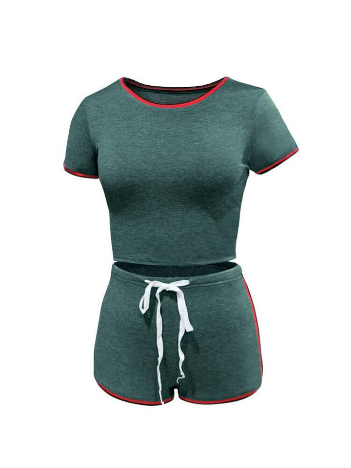Solid Color O-neck Short Sleeve T-shirts Drawstring Waist Casual Shorts - Trendha