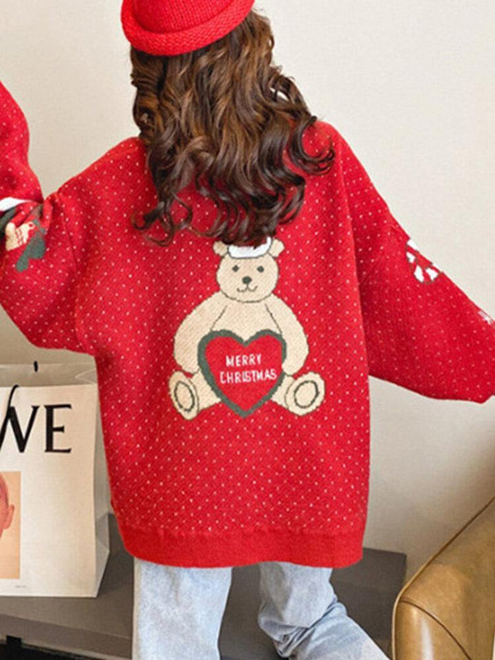 Women Christmas Cute Bear Print Round Neck Casual Knitted Sweater - Trendha