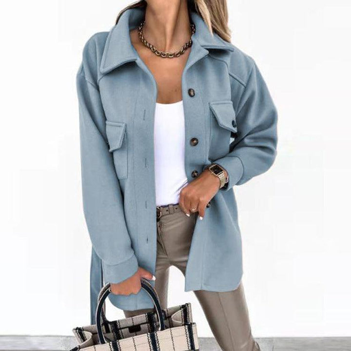 Long-sleeved Temperament Solid Color Lapel Button Lace Woolen Coat - Trendha