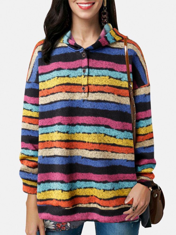 Women Half Button Colorful Horizontal Stripe Long Sleeve Casual Hoodies - Trendha