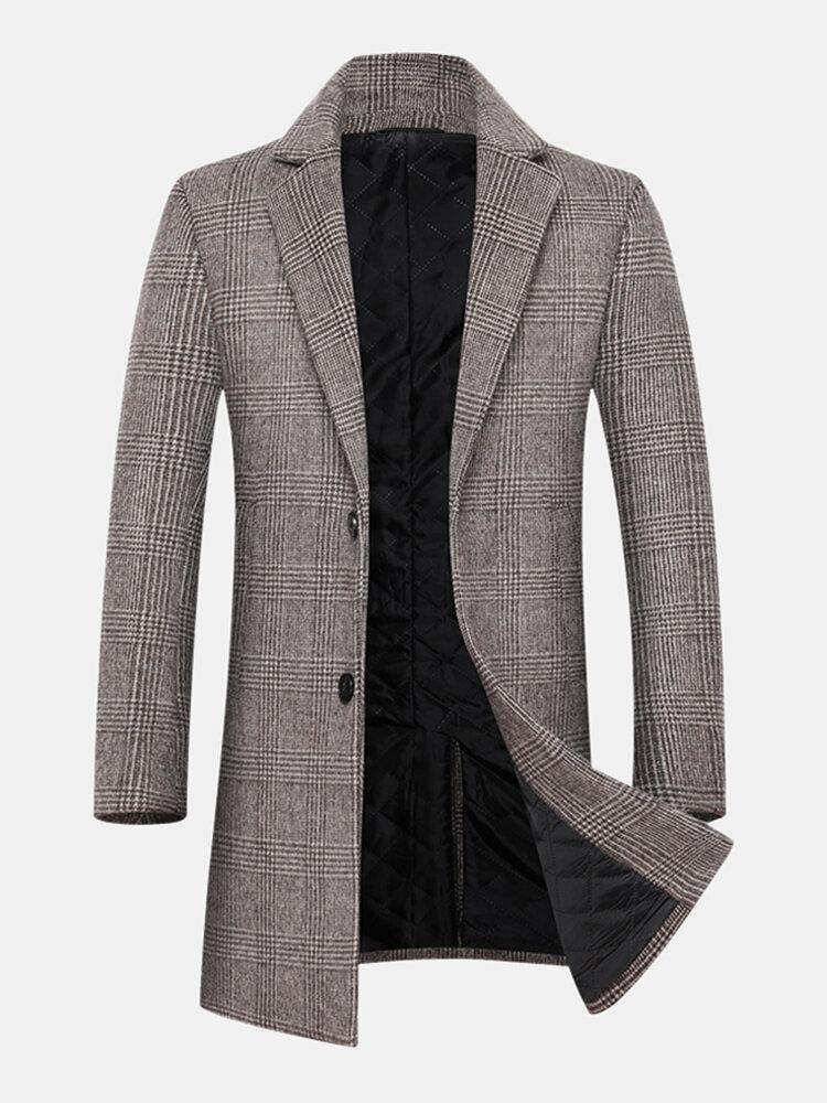 Mens Houndstooth Woolen Single-Breasted Lapel Mid-Length Overcoat - Trendha