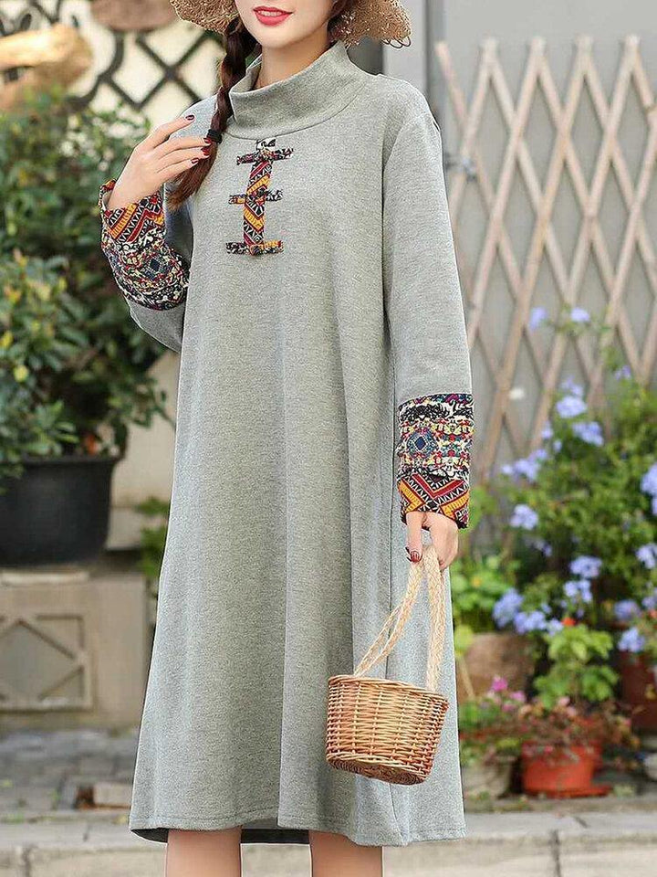 Women Embroidered Patchwork Frog Button Long Sleeve Retro Midi Dresses - Trendha