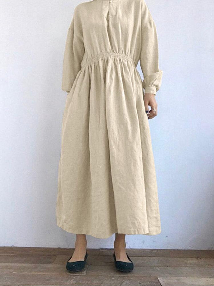 Women 100% Cotton Puff Sleeve Pleated Solid Casual Dress With Side Pockets - Trendha