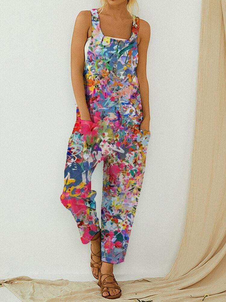 Vintage Floral Print Sleeveless Button Casual Pocket Jumpsuits - Trendha