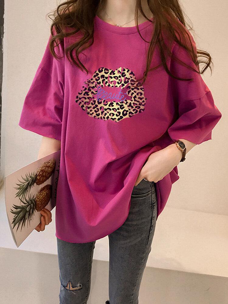 Leopard Lips Print Oversize Loose Daily Casual T-shirt - Trendha