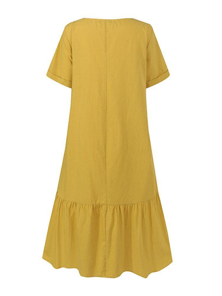Cotton Women Solid Color Ruffles Round Neck Short Sleeve Casual Dresses - Trendha