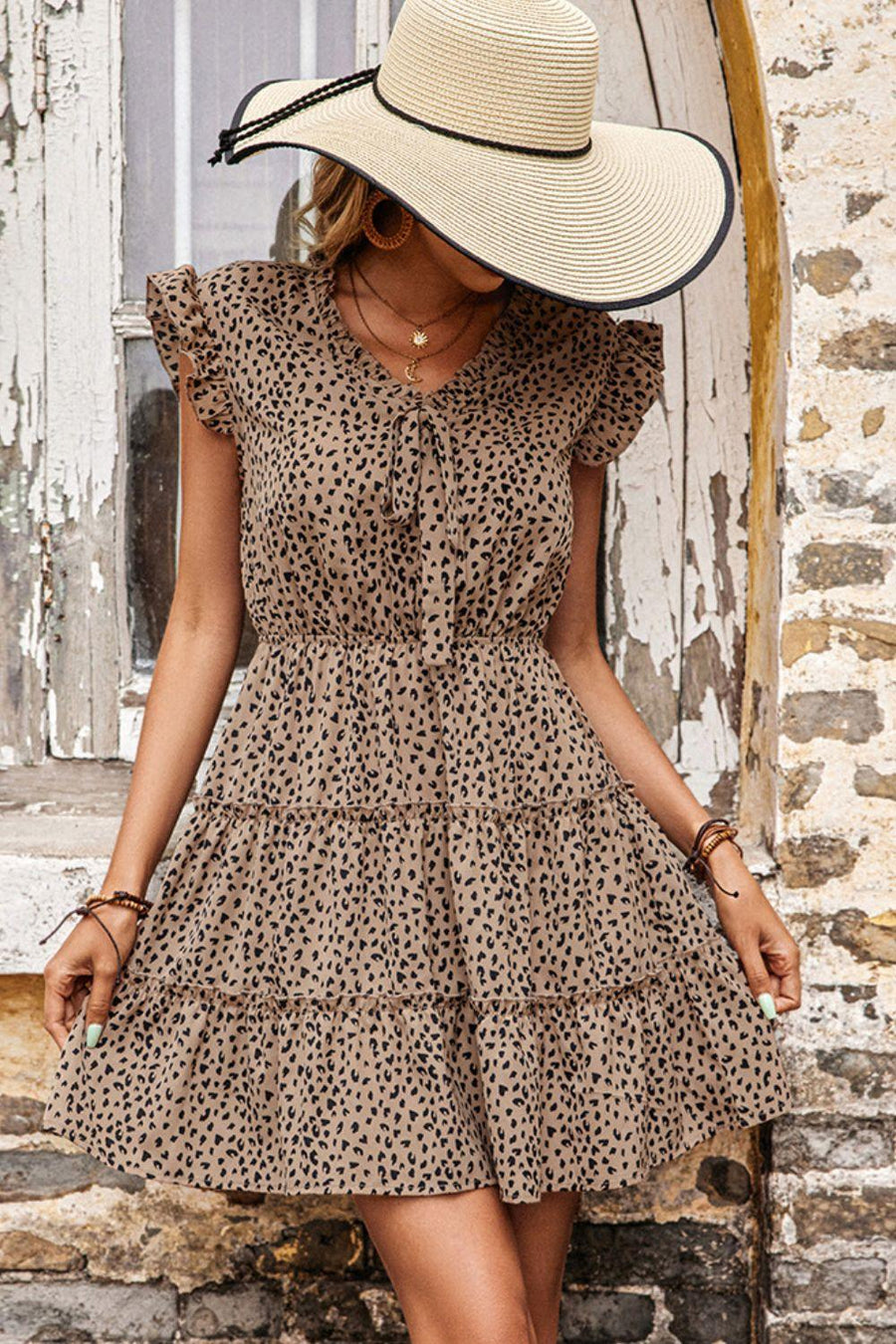 Leopard Print Butterfly Sleeve Tiered Dress - Trendha