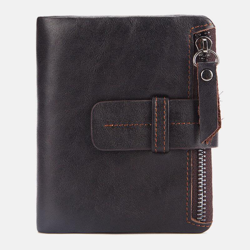Men Genuine Leather Retro Zipper Cowhide Multi-slot Card Holder Wallet - Trendha