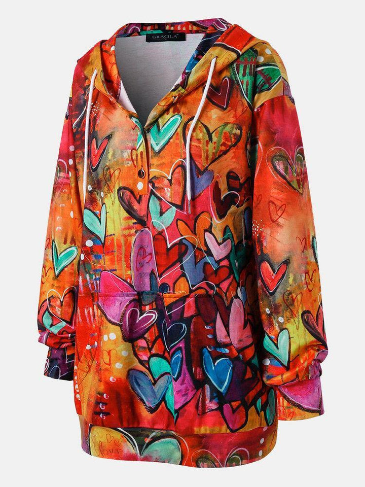 Women Colorful Graffiti Heart Print Long Sleeve Drawstring Hoodie With Kangaroo Pocket - Trendha