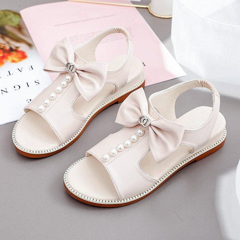 Soft-sole Bowknot Fish Mouth Beaded Flat-heel Beach Sandals - Trendha