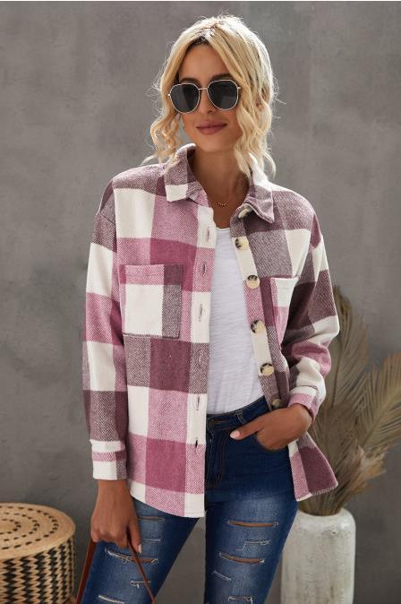 Casual Long-sleeved Lapel Loose-fitting Blouse Plaid Woolen Coat - Trendha