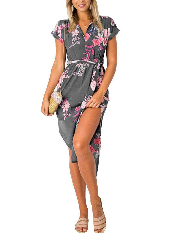 Non-Elastic V-Neck Floral Printed Split Floral Casual Dress For Women - Trendha