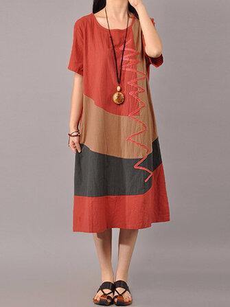 S-5XL Women Casual Short Sleeve Splice Loose O-neck Mid Long Dress - Trendha
