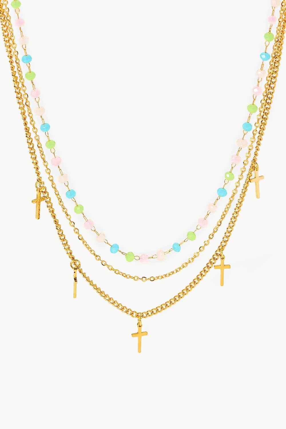 18K Gold Plated Cross Pendant Triple-Layered Necklace - Trendha