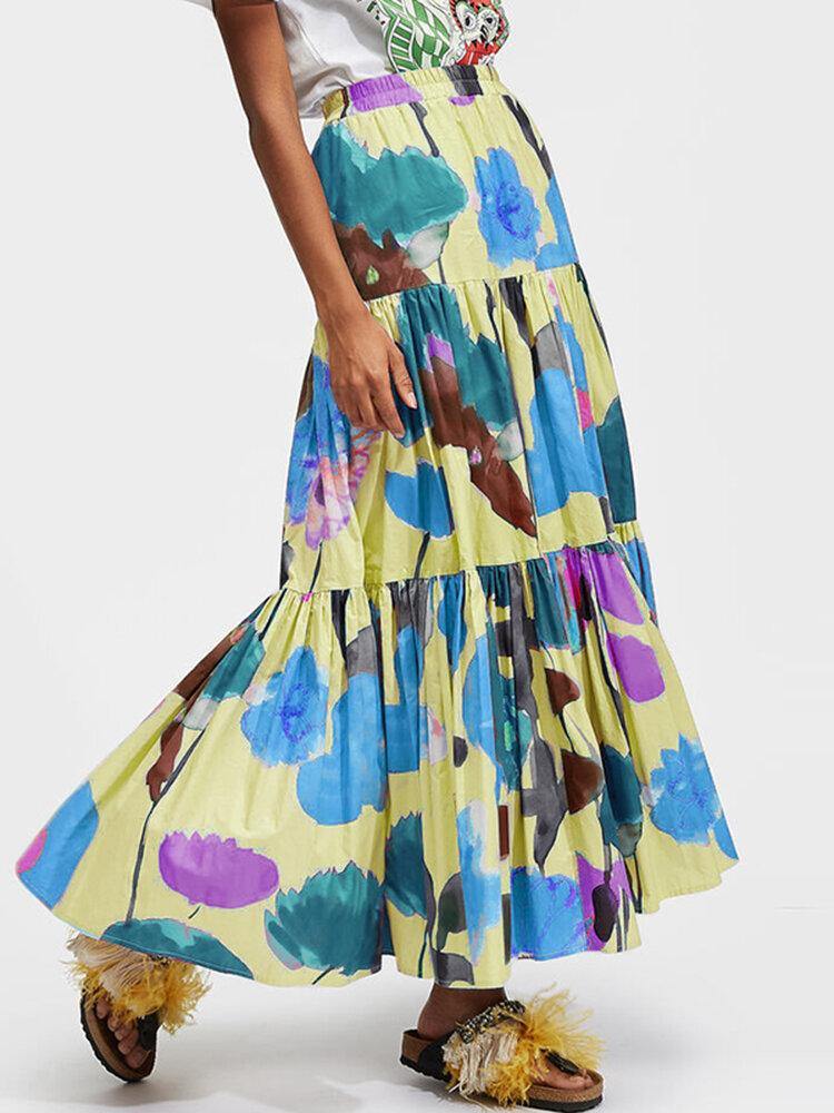 Women Colorful Floral Print Loose Elastic Waist A-Line Long Tiered Layered Skirt - Trendha