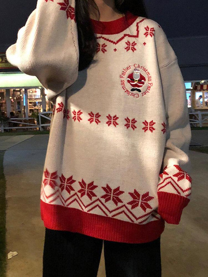 Women Christmas Father Snowflake Pattern Knitted Loose Drop Sleeve Sweaters - Trendha