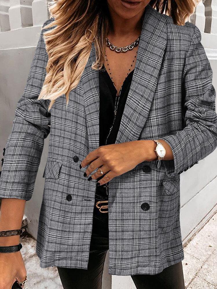 Women Plaid Double Breasted Lapel Casual Long Sleeve Thin Blazers - Trendha