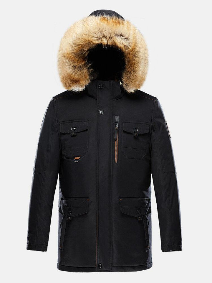 Mens Thicken Multi Pocket Faux Fur Collar Hooded Windproof Warm Mid-Length Coats - Trendha