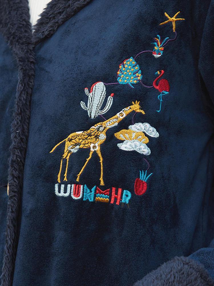 Suede Cartoon Embroidered Button Long Sleeve Coats - Trendha