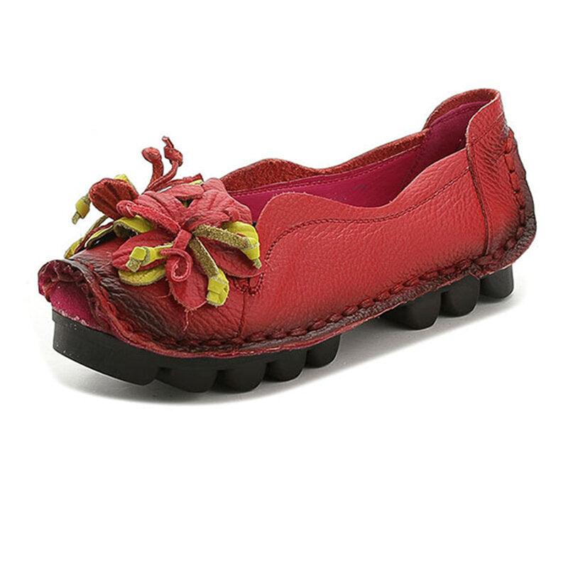 Women Genuine Leather Handmade Decoration Flowers Vintage Slip On Flats Loafers - Trendha