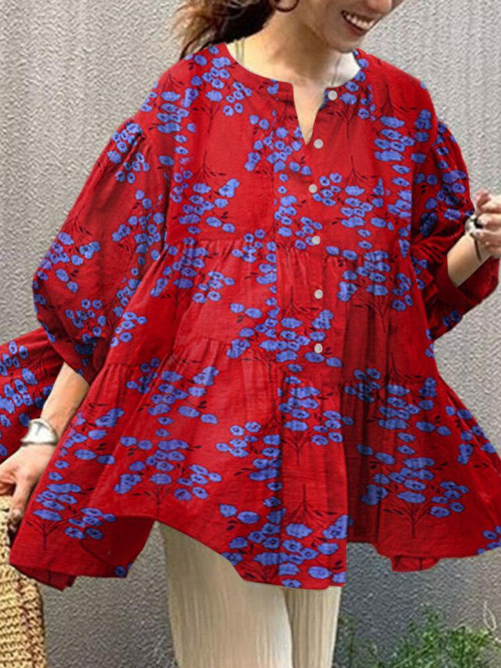 Flower Print Button Front Ruffle Pleated Casual Puff Sleeve Blouses For Women - Trendha