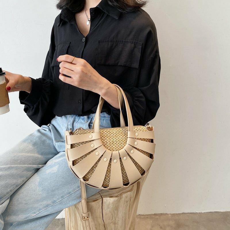Women PU Leather Rivet Large Capacity Hollow Simple Handbag Shoulder Bag Crossbody Bags Straw Bag - Trendha