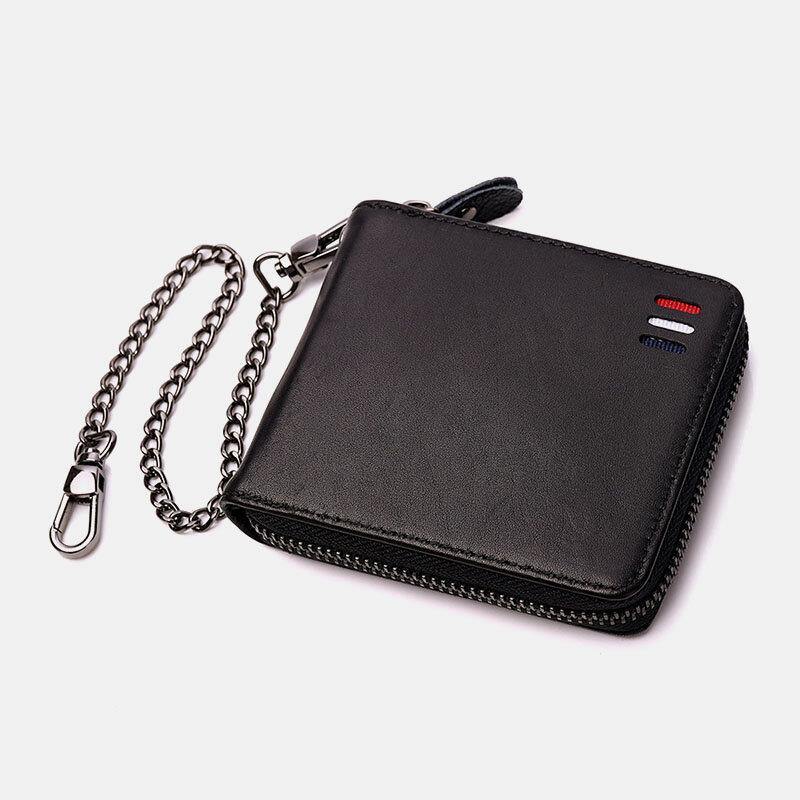 Men Genuine Leather Chain RFID Blocking Anti-theft Zipper Multi-slot Card Holder Wallet - Trendha