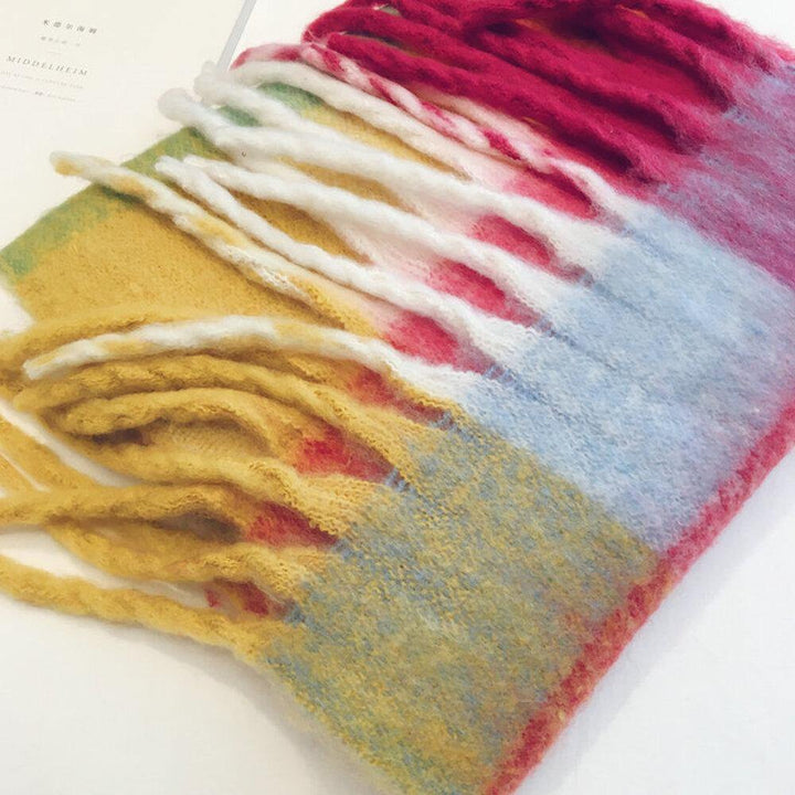 Women Faux Cashmere Rainbow Patchwork Color Thick Warm Plaid Pattern Tassel Shawl Scarf - Trendha