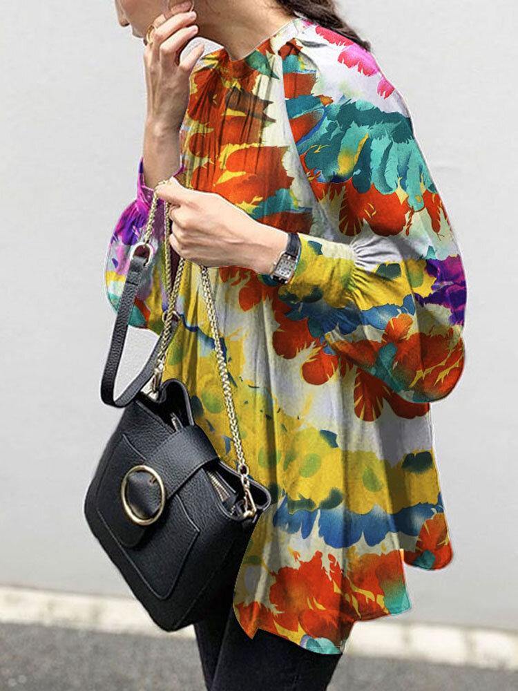 Women Colorful Flowers Printing Puff Sleeve Back Button Casual Blouse - Trendha