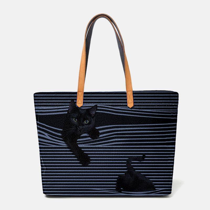 Women Canvas Large Capacity Stripe Three-dimensional Cartoon Cute Cat Handbag Shoulder Bag Tote - Trendha