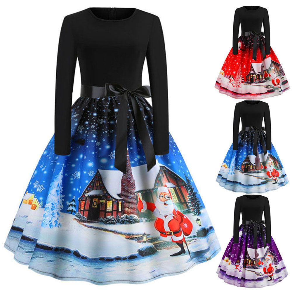 Christmas Retro Print Long-sleeved Big Swing Dress - Trendha