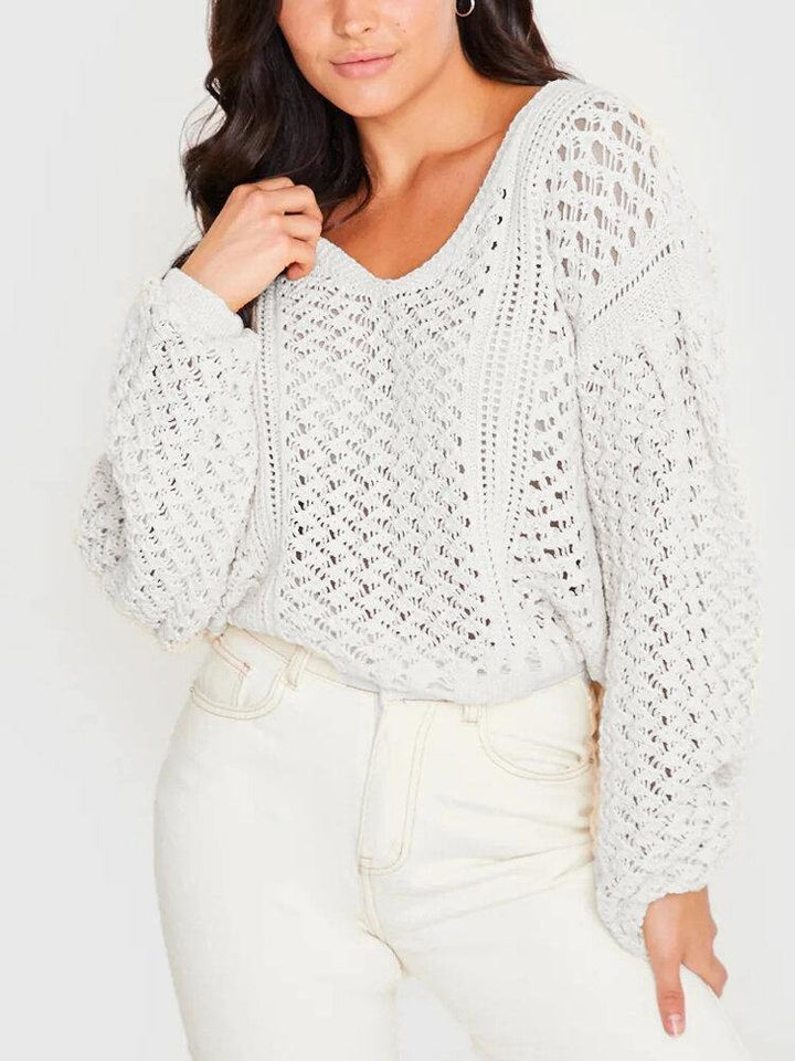 Women V-Neck Hollow Out Long Sleeve Loose Knitted Sweaters - Trendha