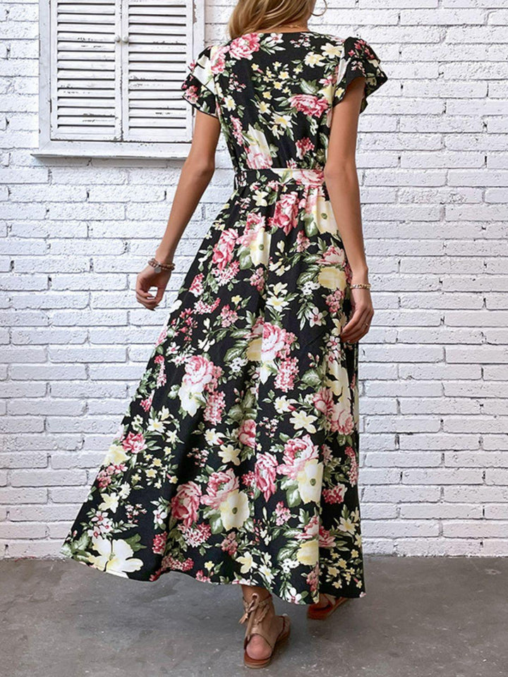 Floral Flutter Sleeve Tie-Waist Split Dress - Trendha