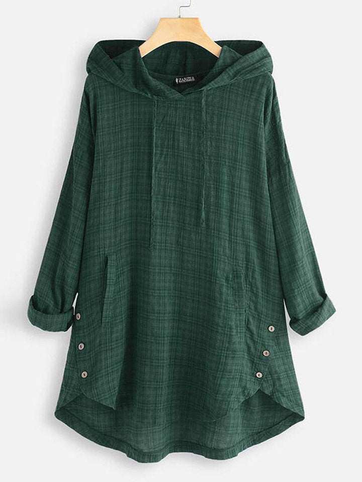 Stylish Plus Size Women's Hooded Blouse with Plaid Print and Asymmetrical Hem - Trendha