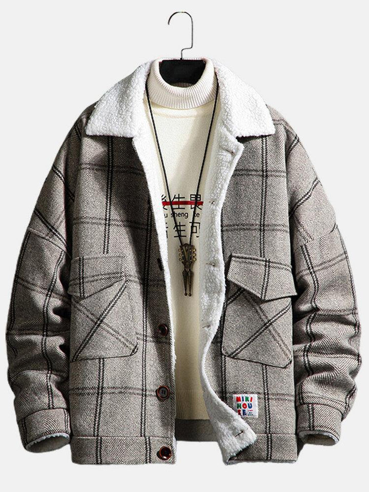 Mens Plaid Button Front Lapel Sherpa Lined Warm Double Pocket Jacket - Trendha