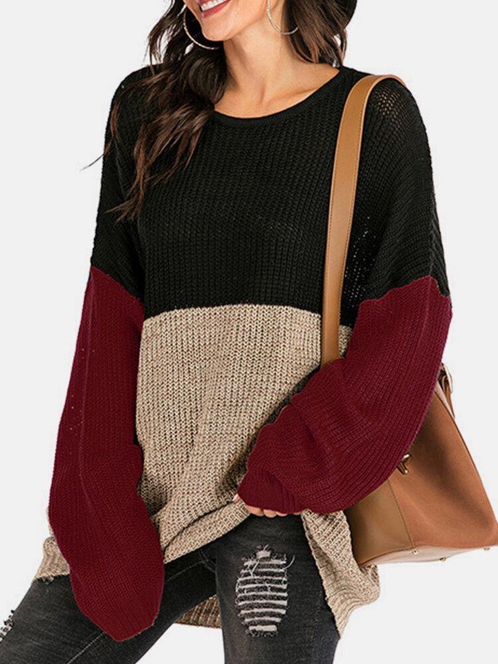Women Contrast Patchwork Round Neck Knit Relaxed Fit Pullover Sweaters - Trendha
