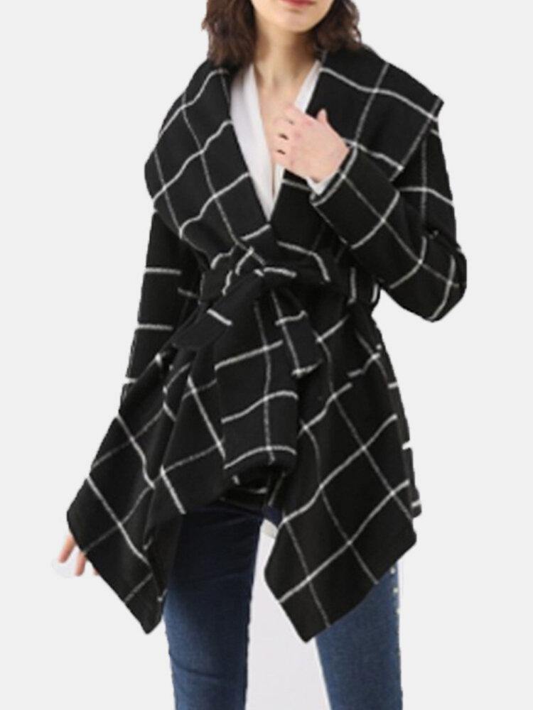 Women Plaid Long Sleeve Asymmetrical Hem Coats With Sashes - Trendha