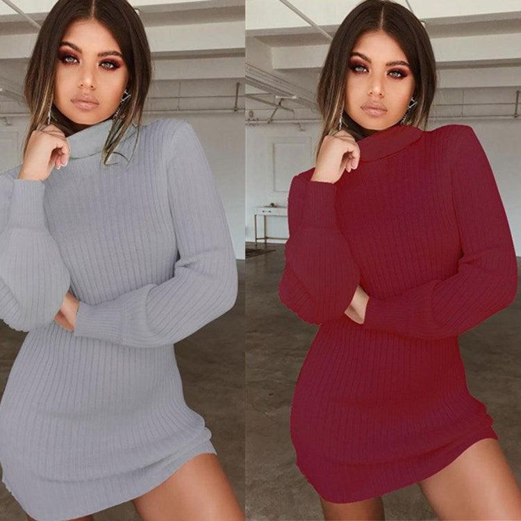 Long sleeve ribbed solid color casual dress - Trendha