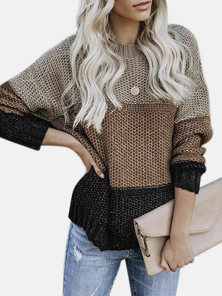 Women Contrast Color Patchwork Round Neck Long Sleeve Knitted Casual Sweater - Trendha