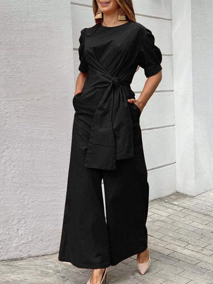 Casual Solid O-neck Short Sleeve Zipper Irregular Belted Pocket Jumpsuit For Women - Trendha