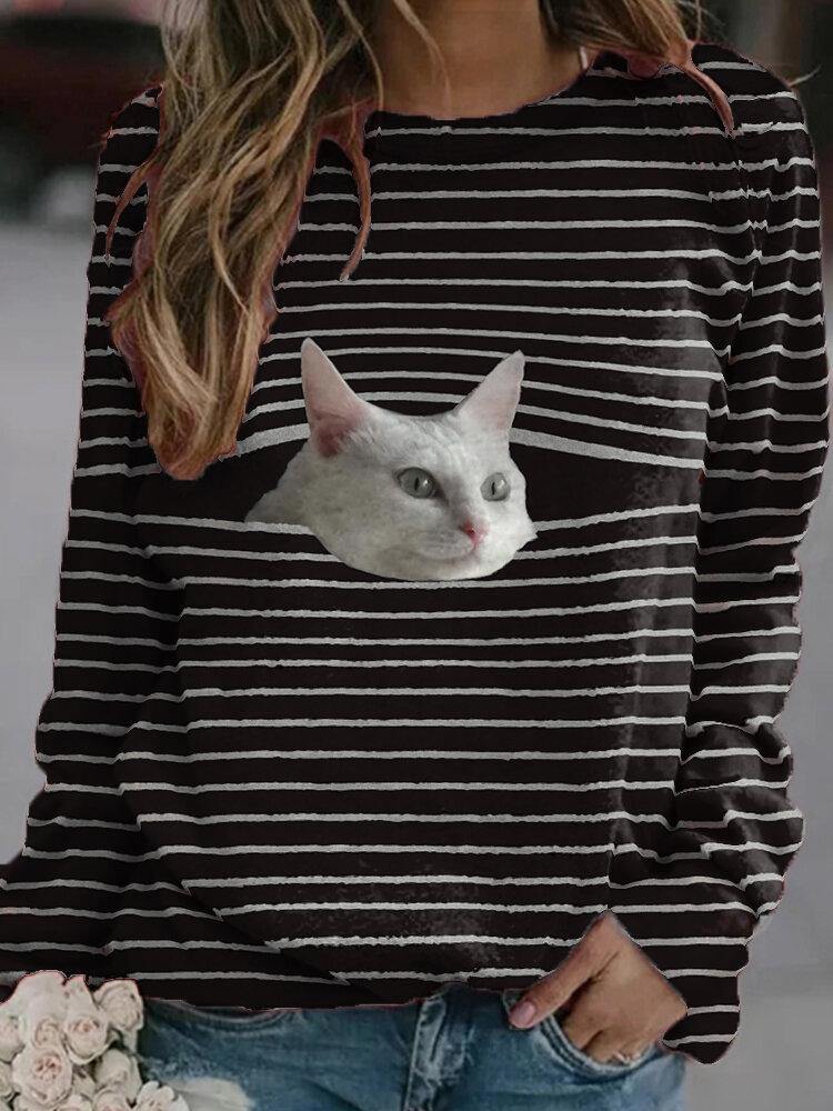 Women Stripe Cat Print Pullover Black Casual Sweatshirts - Trendha
