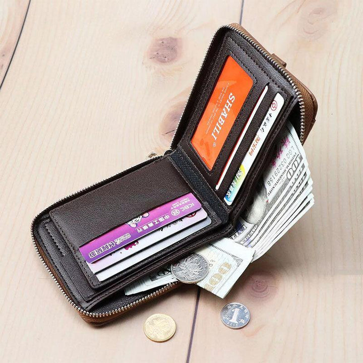 Men Faux Leather Retro Classical Draw Card Slot Bifold Zipepr Card Holder Wallet - Trendha