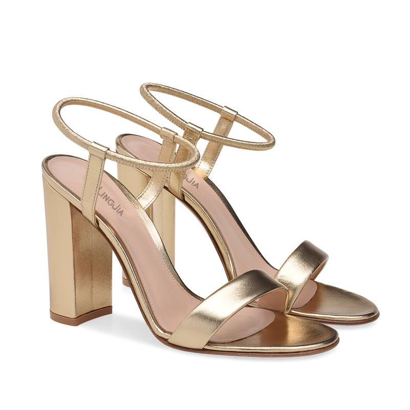 Ladies Gold And Silver PU Round Head Thick High-heel Banquet Summer New Style Sandals - Trendha