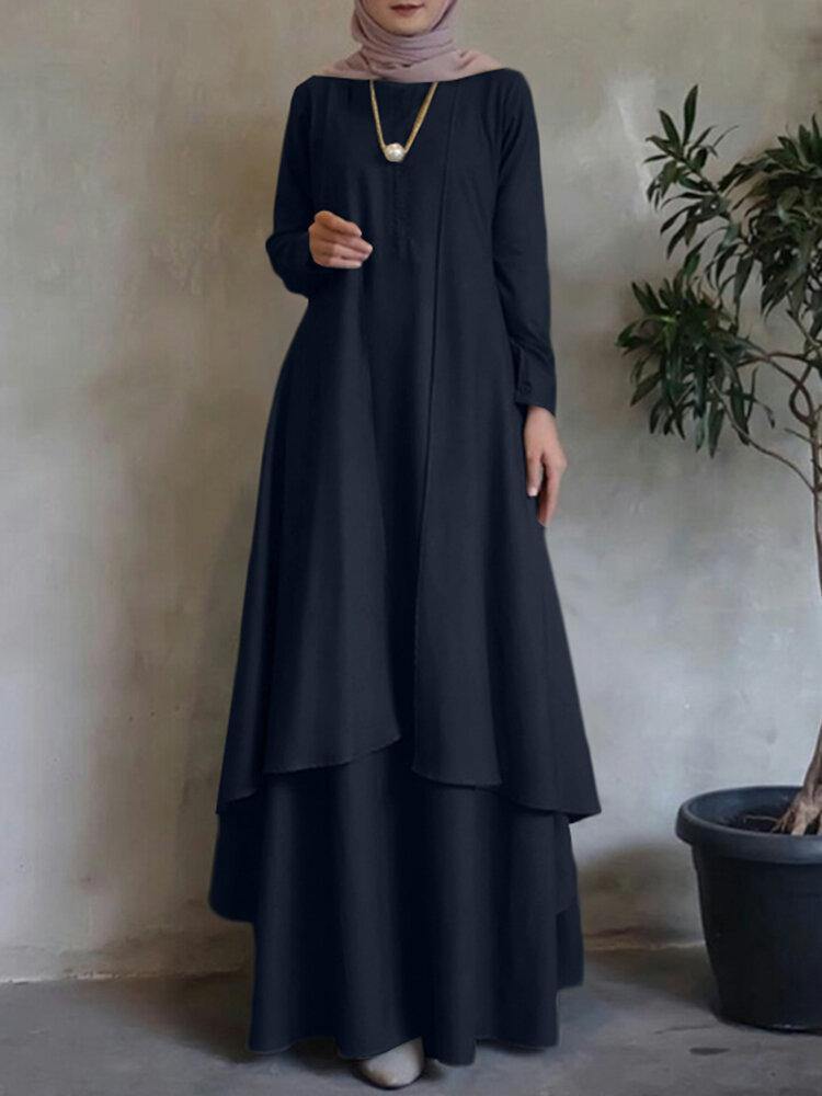 Bohemian Double-Layer O-Neck Abaya Kaftan Dress for Women in Solid Color - Trendha