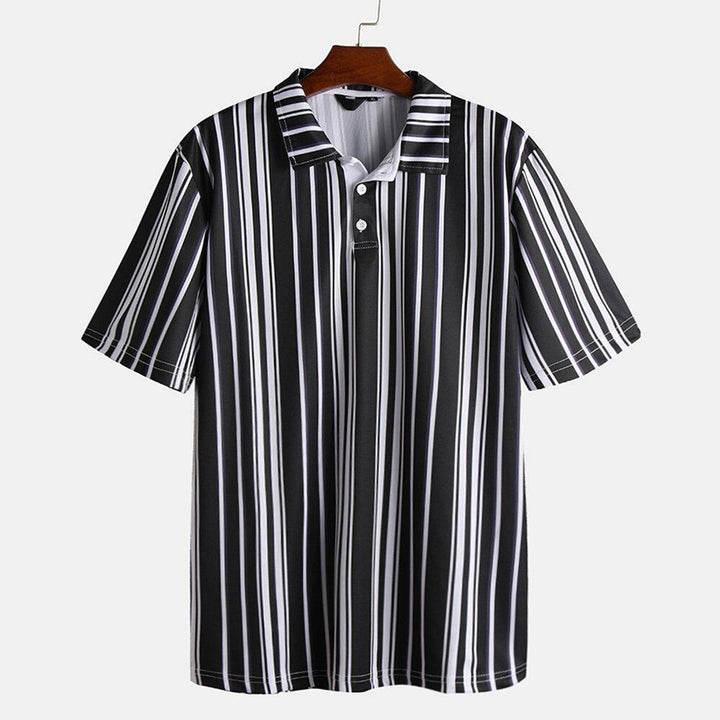 Mens Black White Stripes Printing Summer Golf Shirts - Trendha