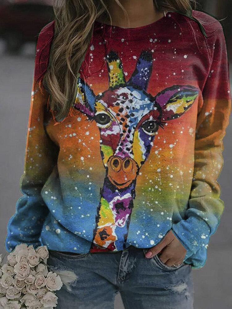 Women Colorful Giraffe Print Long Sleeve Sweatshirts - Trendha