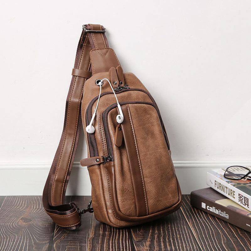 Men PU Leather Multi-Pocket Earphone Hole Crossbody Bag Chest Bag Sling Bag - Trendha