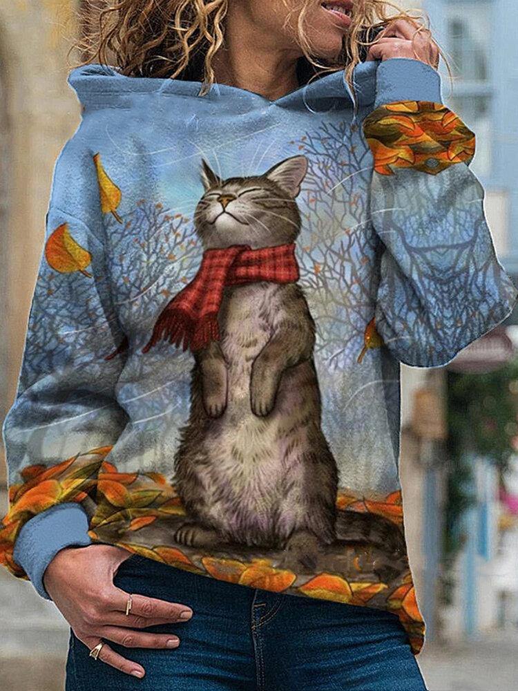 Women Cartoon Cat Painting Print Long Sleeve Pullover Hoodie - Trendha