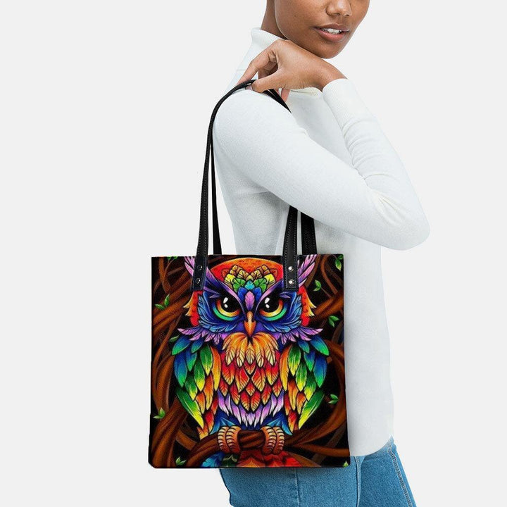 Color Owl Print Pattern Leather Tote Bag Sticker Shoulder Bag Handbag Tote With Built-in Small Bag - Trendha